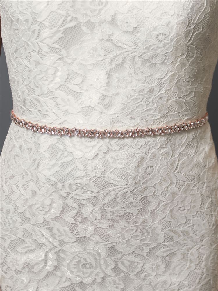 Slender Rose Gold Bridal Belt With Austrian Crystals & Ivory Ribbon