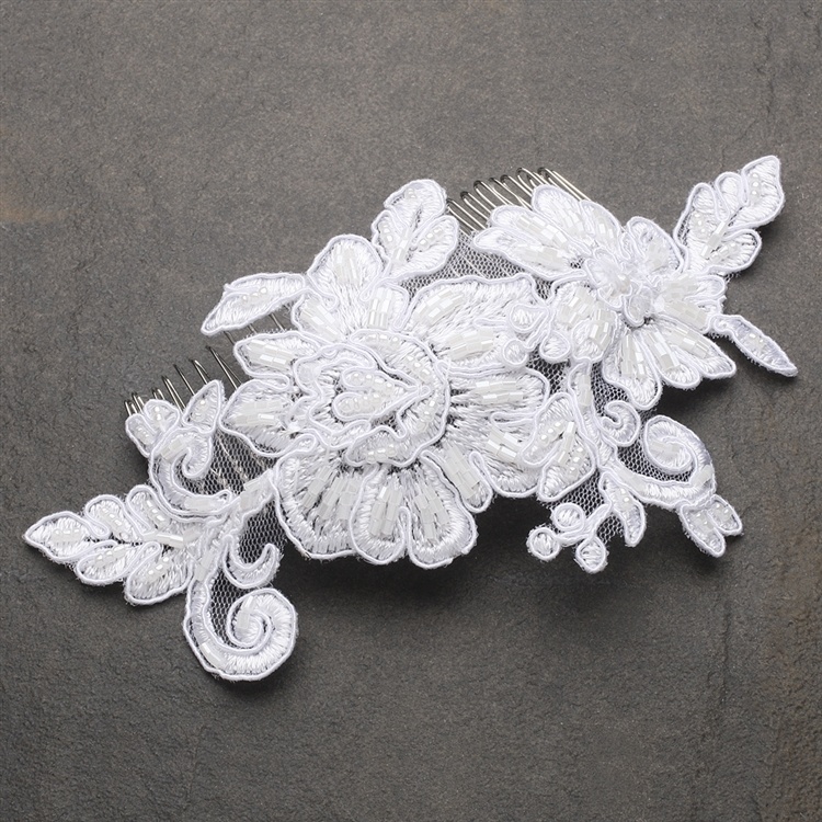 Romantic English Rose White Lace Bridal Comb