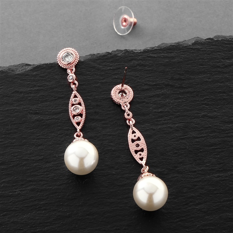 Rose Gold Dangle Wedding Earrings With Cz Filigree & Bold Pearl