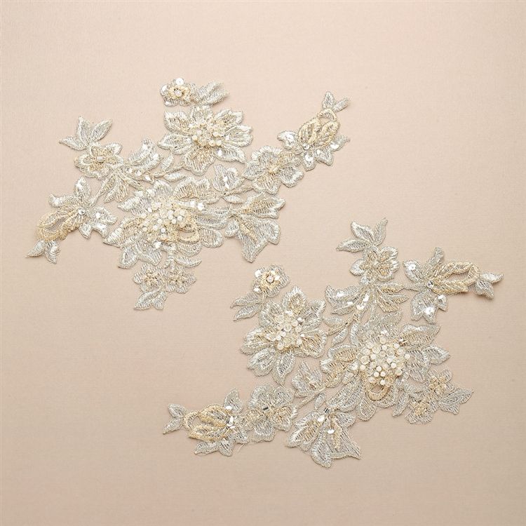 Champagne Embroidered Lace Applique Embellishment With Pearls