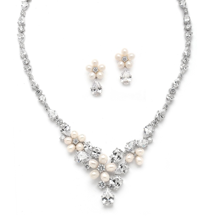 Luxurious Freshwater Pearl And Cz Statement Necklace And Earrings Set For Brides