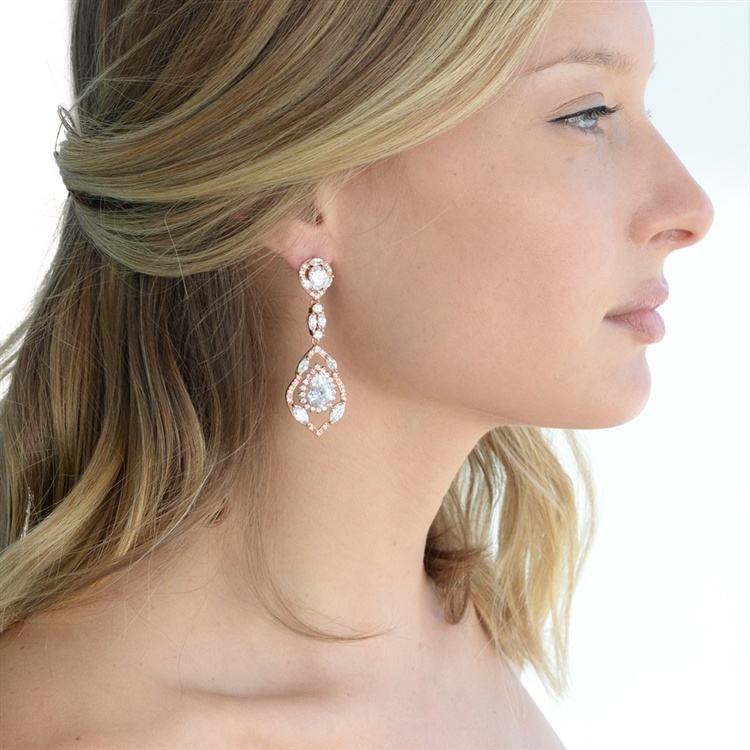 Rose Gold Cubic Zirconia Dangle Statement Earrings For Wedding Or Prom