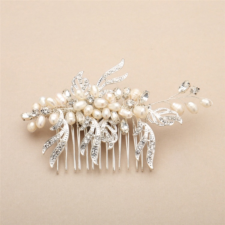 Freshwater Pearl And Crystal Bridal Hair Comb With Graceful Silver Leaves
