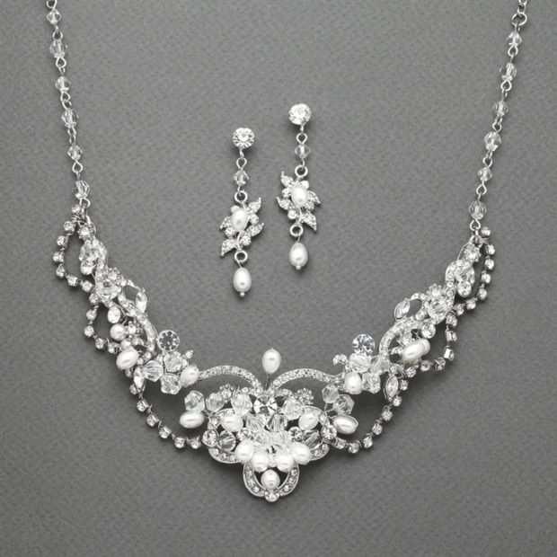 Freshwater Pearl & Crystal Wedding Necklace And Earrings Set
