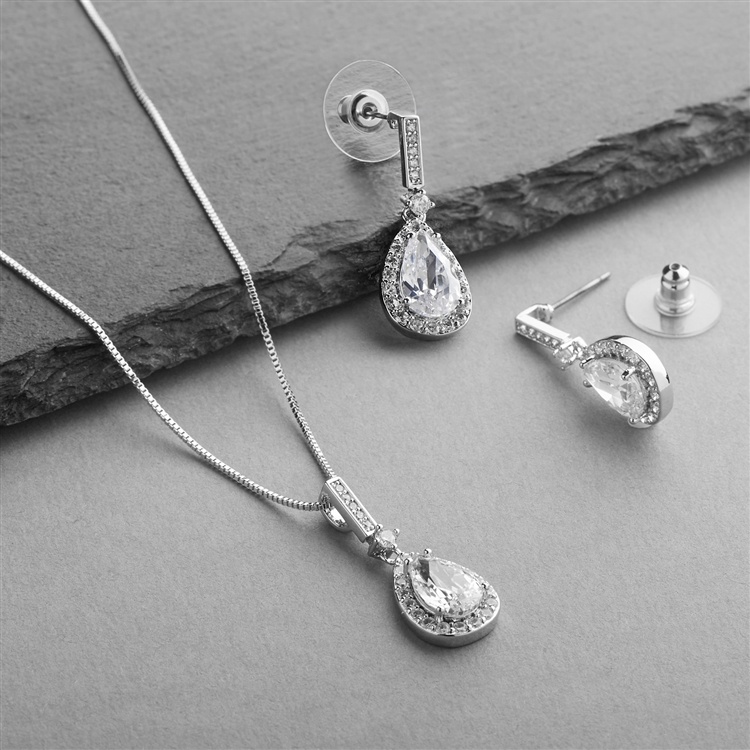 Silver Platinum Cz Pear-Shape Wedding Necklace & Earrings Set