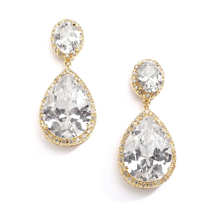 Cubic Zirconia 14K Gold Plated Pear-Shaped Bridal Earrings With Clip Back