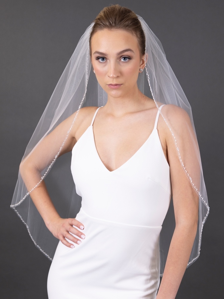 1-Tier 108 Ivory Cathedral Bridal Veil Edged With Crystal Rhinestone,  Pearl & Bugle Bead Trim