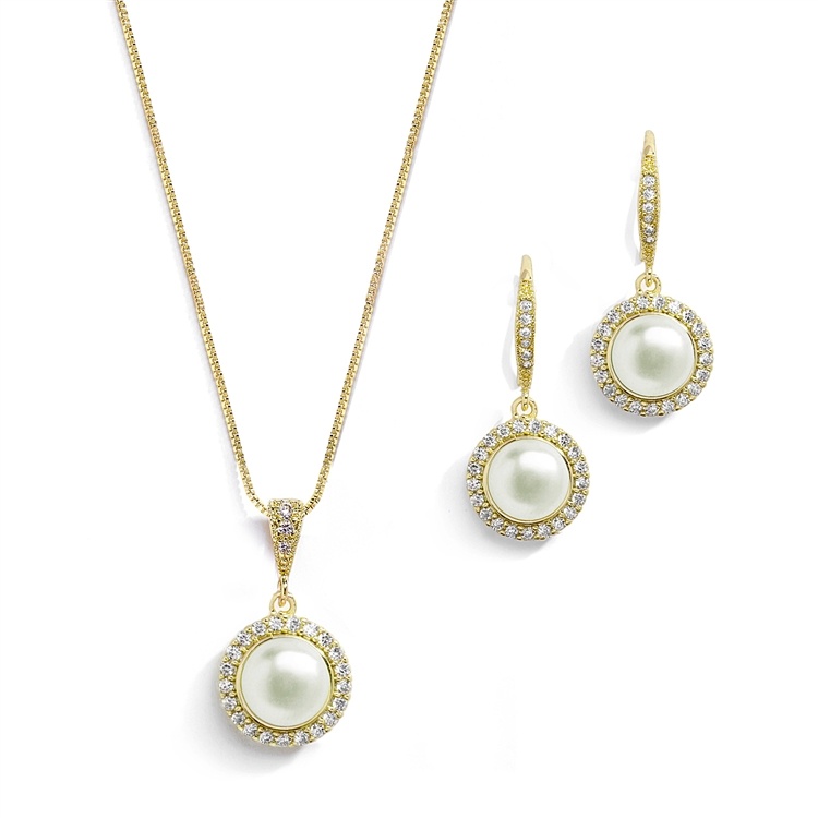 Freshwater Gold Pearl Necklace Set With Inlaid Cz Frame