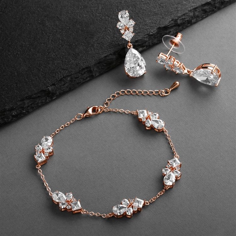 Cz Multi-Shape 14K Rose Gold Bracelet And Earrings Set With Adjustable Chain