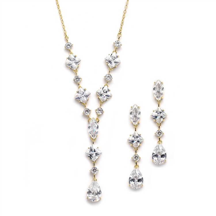 Glamorous Gold Mixed Cubic Zirconia Wedding Necklace & Earrings Set