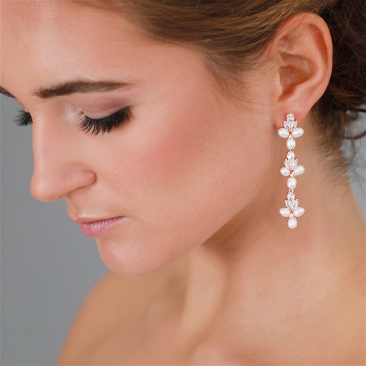 Genuine Freshwater Pearls And Cz Rose Gold Linear Dangle Bridal Earrings