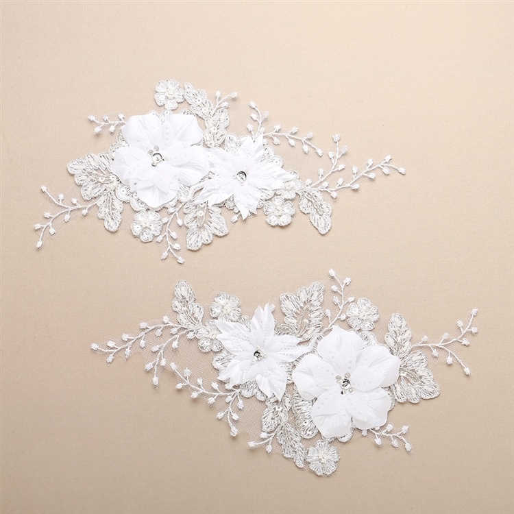 Luxurious Embroidered White Bridal Lace Applique With Dimensional Flowers