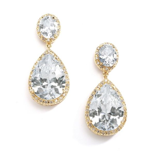 Gold Cz Pear-Shaped Drop Bridal Earrings - Pierced