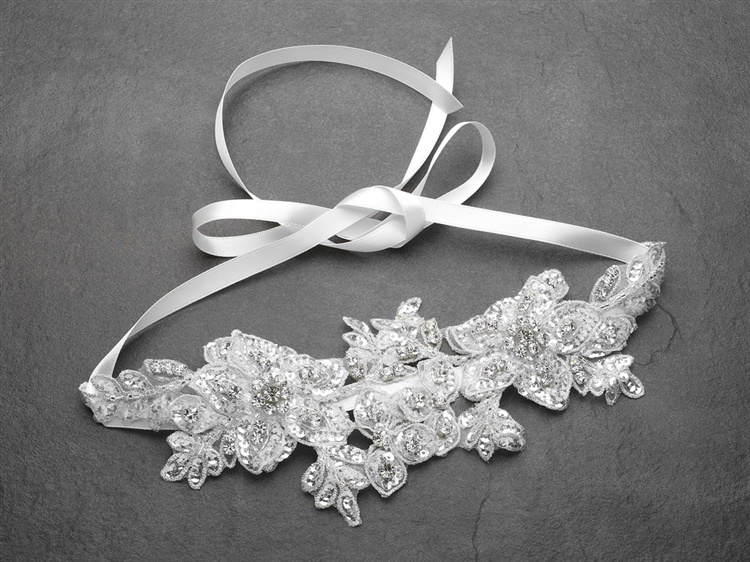 Sculptured White Lace Wedding Headband With Crystals & Beads