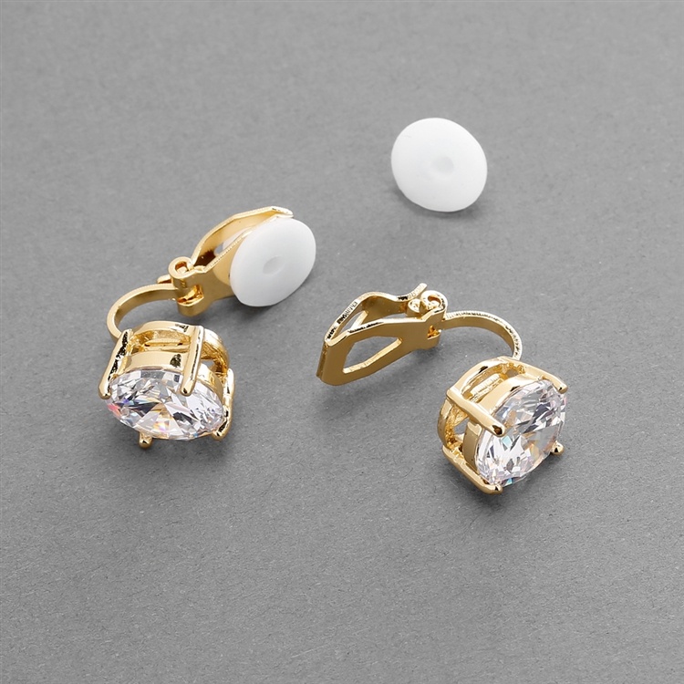 Gold Clip-On Earrings With 3 Carat 9.5Mm Cz Solitaire