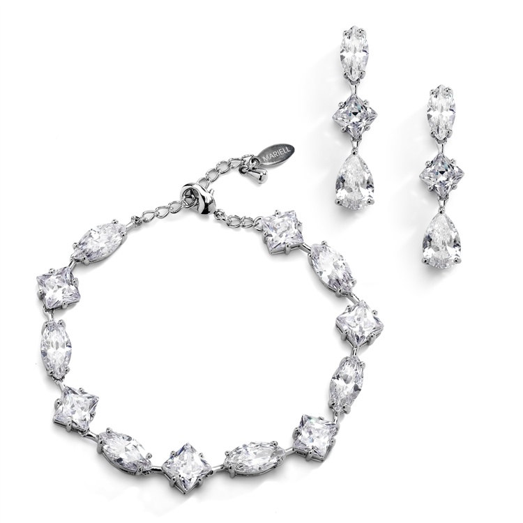 Elegant Cubic Zirconia Multi-Shape Bridal Bracelet And Earrings Set In Rhodium