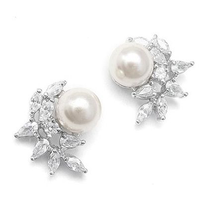 Cz Crescent Ivory Pearl Cluster Wedding Earrings For Brides