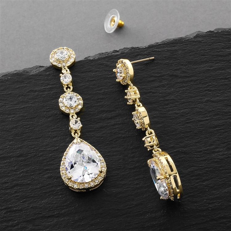 Gold Pear-Shaped Drop Bridal Earrings With Pave Cz