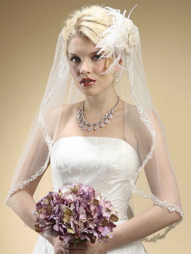 Rhinestone Edge Mantilla Wedding Veil With Floral Appliquè - White
