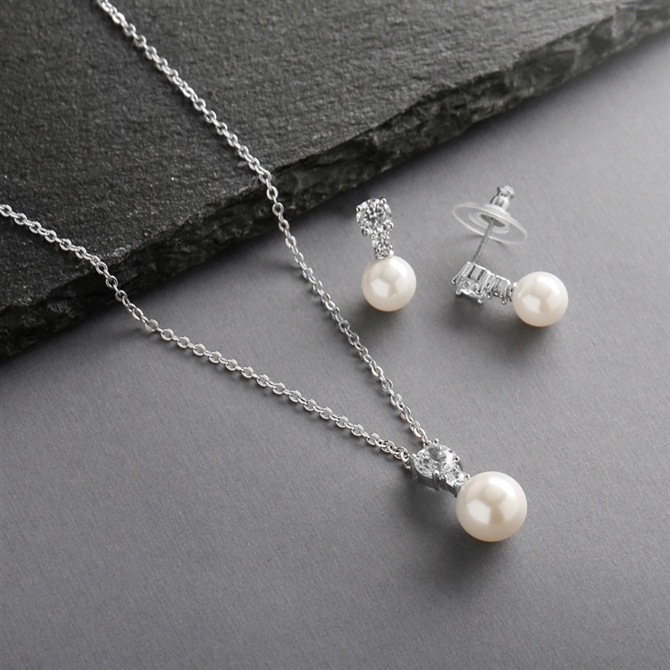 Pearl Drop Necklace Set With Vintage Cz Top And Dainty Earrings
