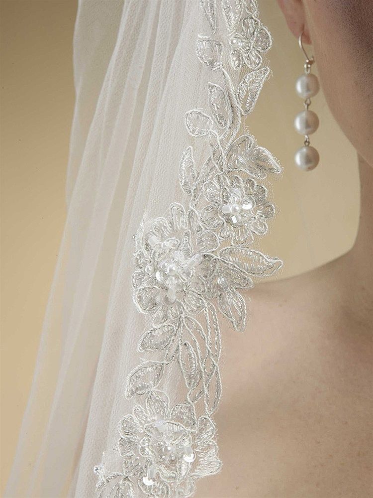 Alencon Lace Embroidered Mantilla Wedding Veil - Ivory