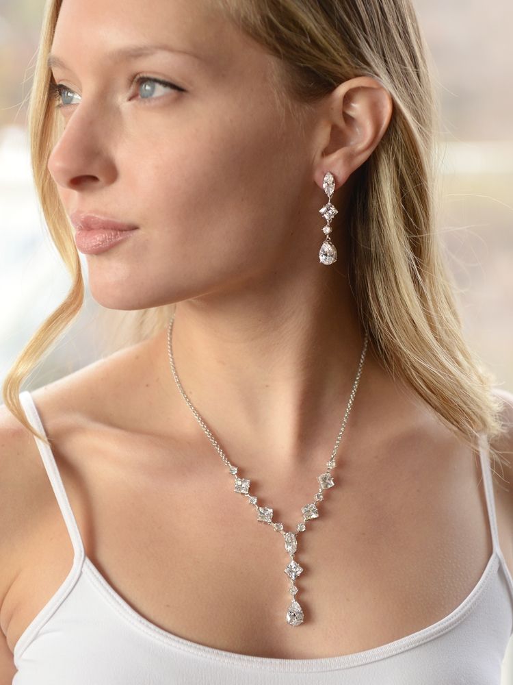 Glamorous Mixed Cz Wedding Necklace & Earrings Set For Brides