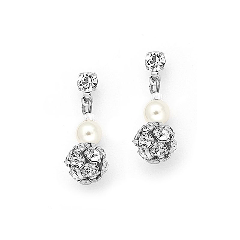 Dainty Wedding Earrings With Pearl & Rhinestone Fireball - Ivory - Clip