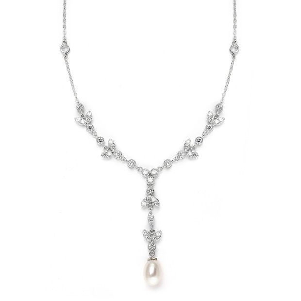 Freshwater Pearl & Cz Tulip Bridal Y Necklace For Weddings