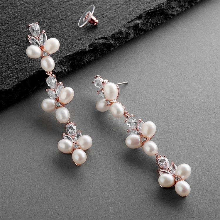Genuine Freshwater Pearls And Cz Rose Gold Linear Dangle Bridal Earrings