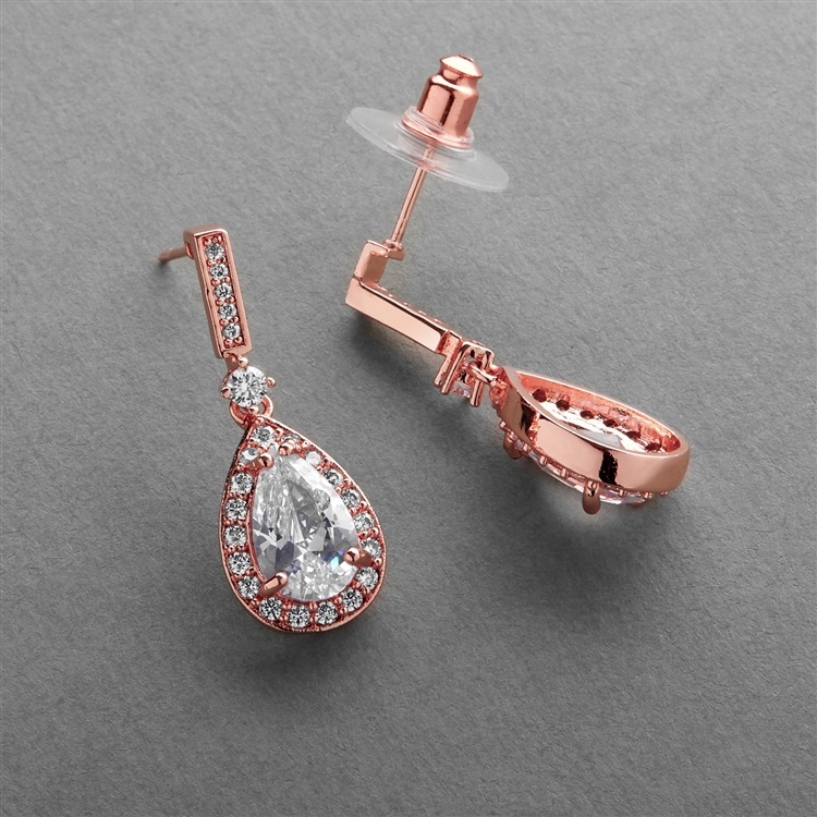Rose Gold And Cubic Zirconia Bridal Earrings With Framed Pear Drops