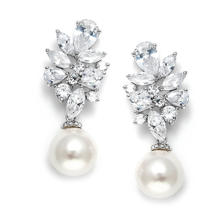 Mariell Bold Cz Cluster Wedding Bridal Earrings With Ivory Pearl Drops - Genuine Platinum Plated