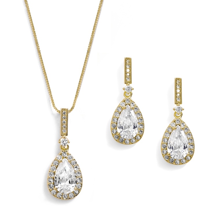 14K Gold Cz Pear-Shape Wedding Necklace & Earrings Set