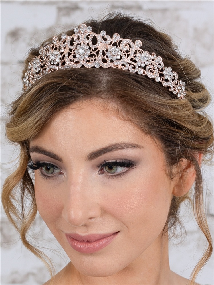 Vintage Filigree Bridal, Wedding Or Prom Rose Gold Tiara With Clear Crystals