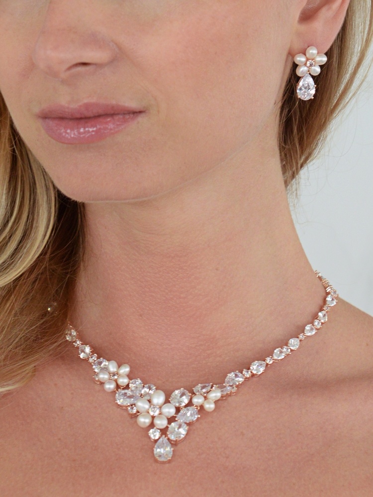 Luxurious Rose Gold Freshwater Pearl & Cz Statement Necklace & Earrings Set For Brides