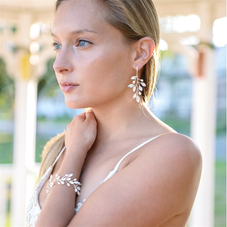 Silver Vine Bridal Earrings With Crystals & Freshwater Pearls