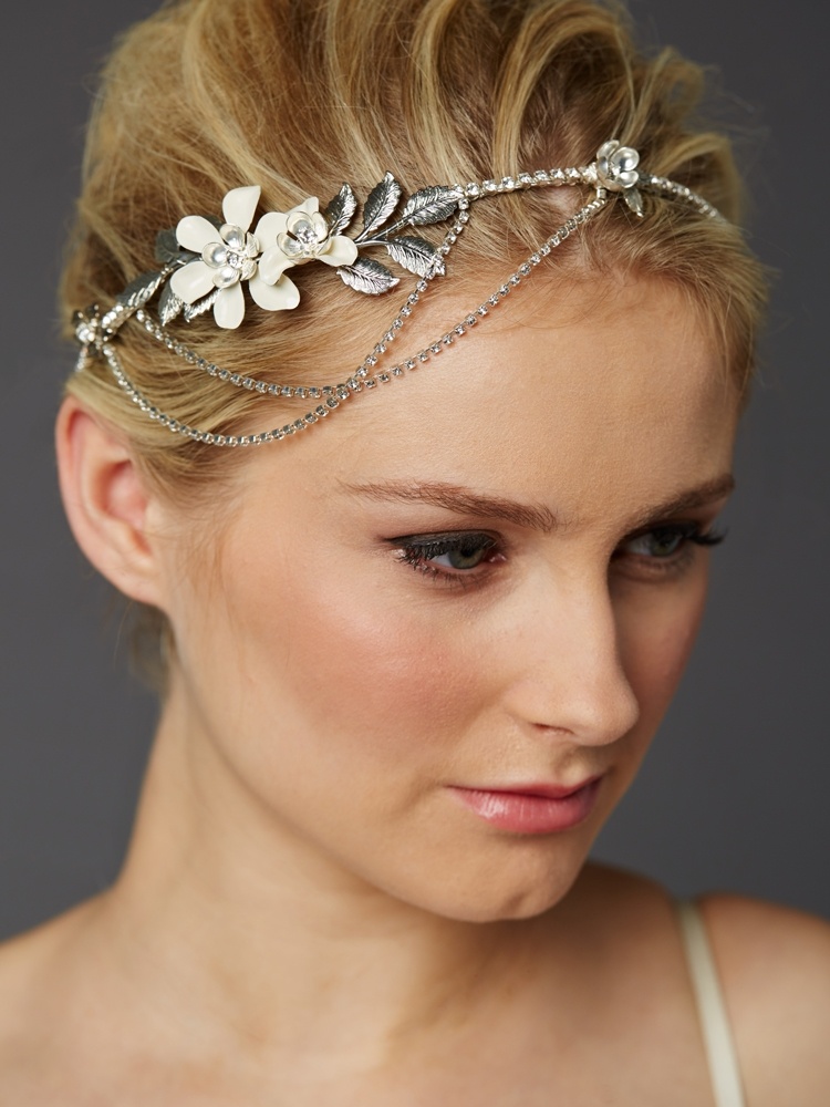 Hand-Enameled Floral Headband Crown With Preciosa Crystal Drapes