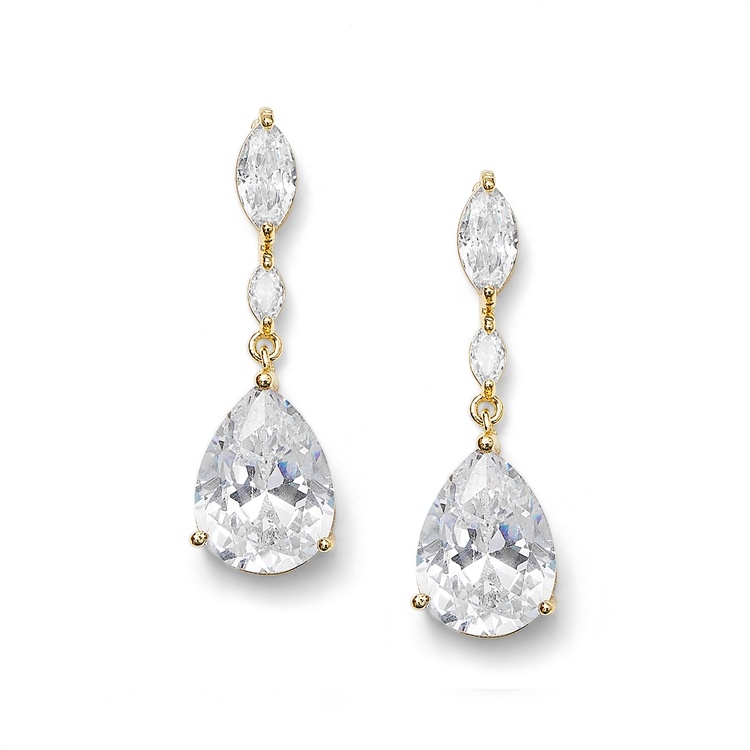 Sparkling Gold Cz Wedding Earrings With Dainty Marquise & Pear Drop