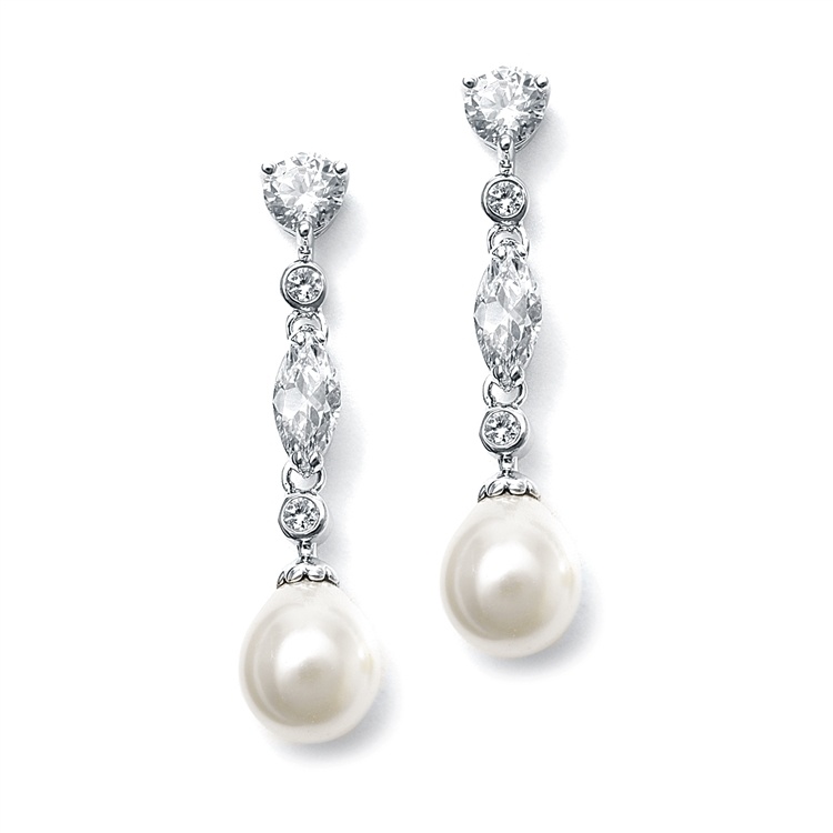 Linear Cz And Pearl Wedding Earrings