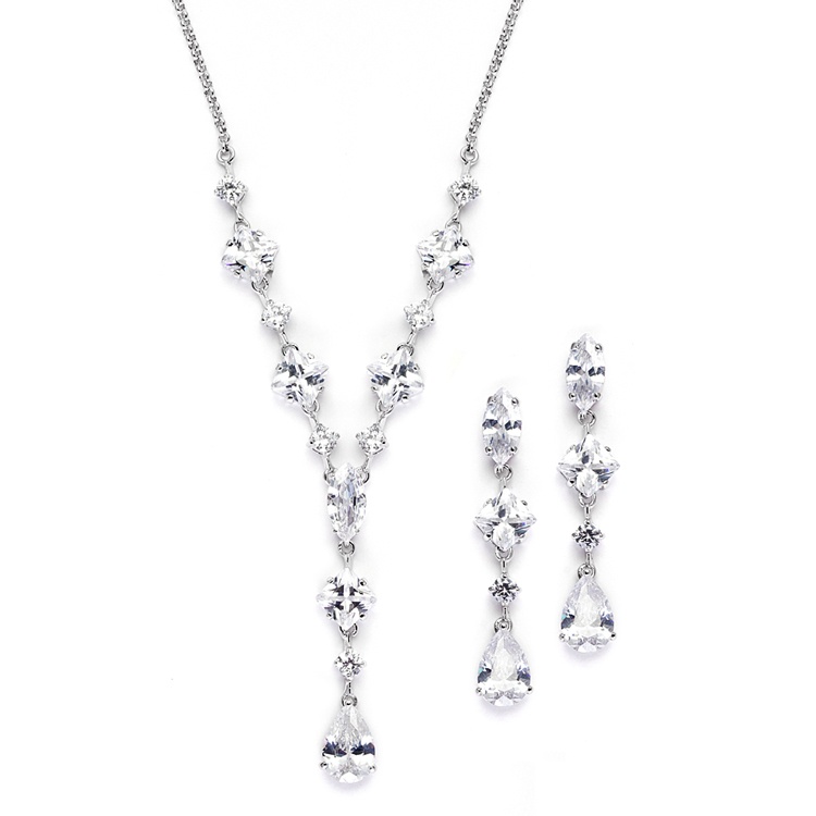 Glamorous Mixed Cz Wedding Necklace & Earrings Set For Brides