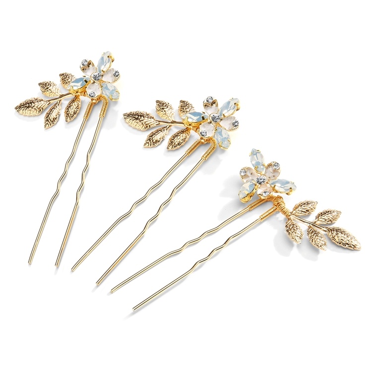Set Of 3 Bridal Hair Pins With Gold Leaves, Opal Crystals & Hand Painted Enamel
