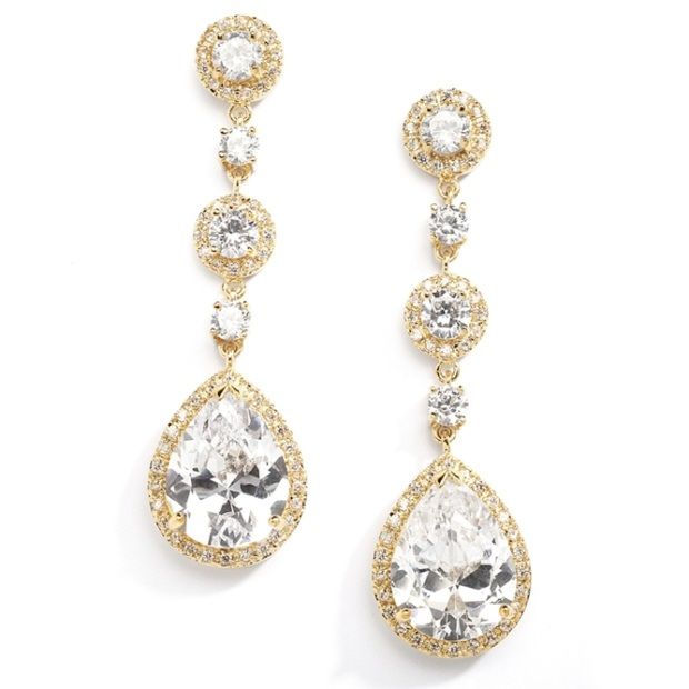 Pear-Shaped Drop Bridal Earrings With Gold Pave Cz - Clip On