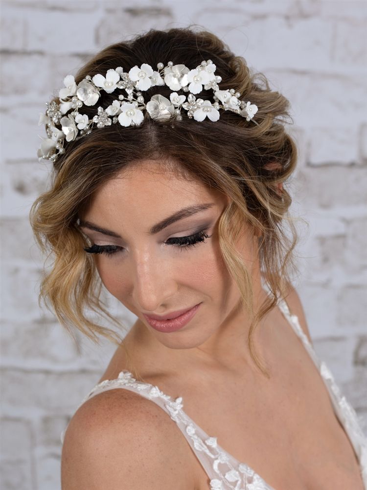 Bridal Tiara Wedding Crown With Soft Ivory Resin Florals & Matte Silver Flowers