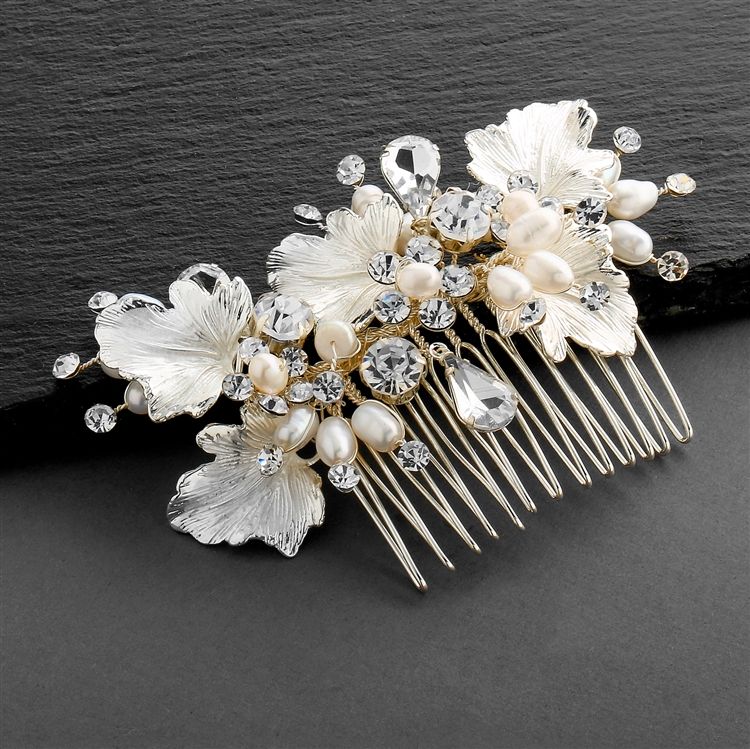 Couture Bridal Hair Comb With Hand Painted Gold Leaves, Freshwater Pearls And Crystals