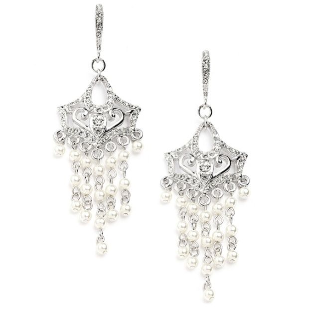 Vintage Pearl Chandelier Wedding Earrings With Cubic Zirconia Encrusted French Wires