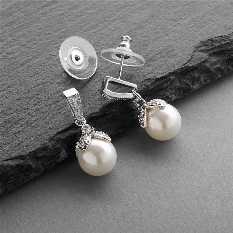 Light Ivory Pearl Drop Wedding Earrings With Vintage Cz