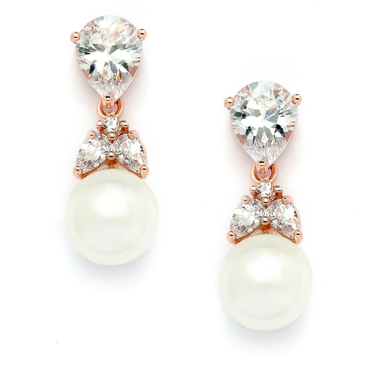 Rose Gold Cz Cip-On Bridal Earrings With Pearl Drops
