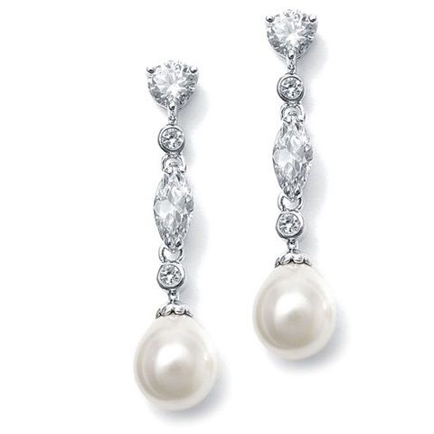 Linear Cz And Pearl Wedding Earrings