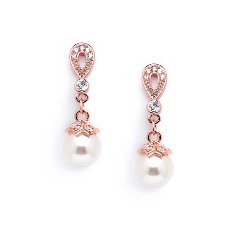 Rose Gold Vintage Cz Pave Bridal Earrings With Pearl Drop