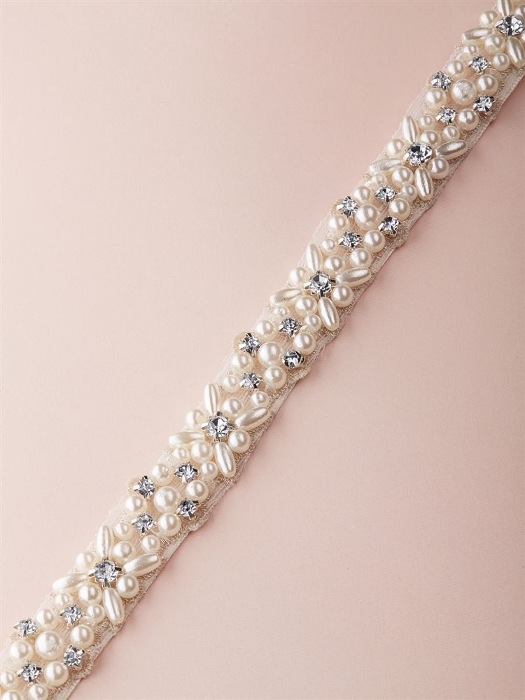Ivory Pearl And Austrian Crystal Bridal Belt With Ribbon