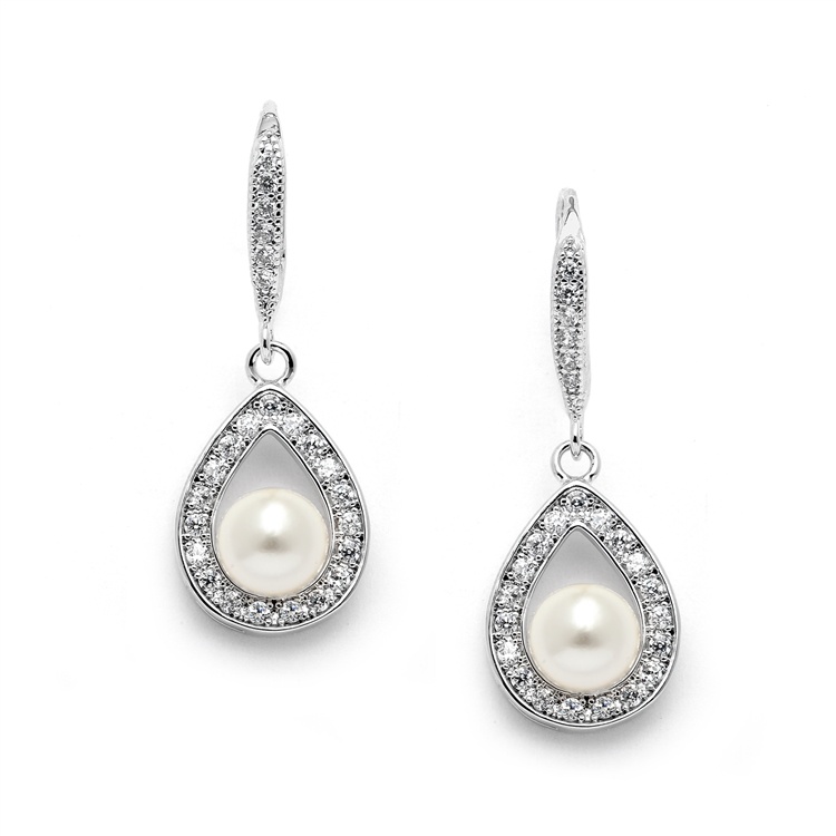 Pave Cubic Zirconia Wedding Earrings With Framed Pearl